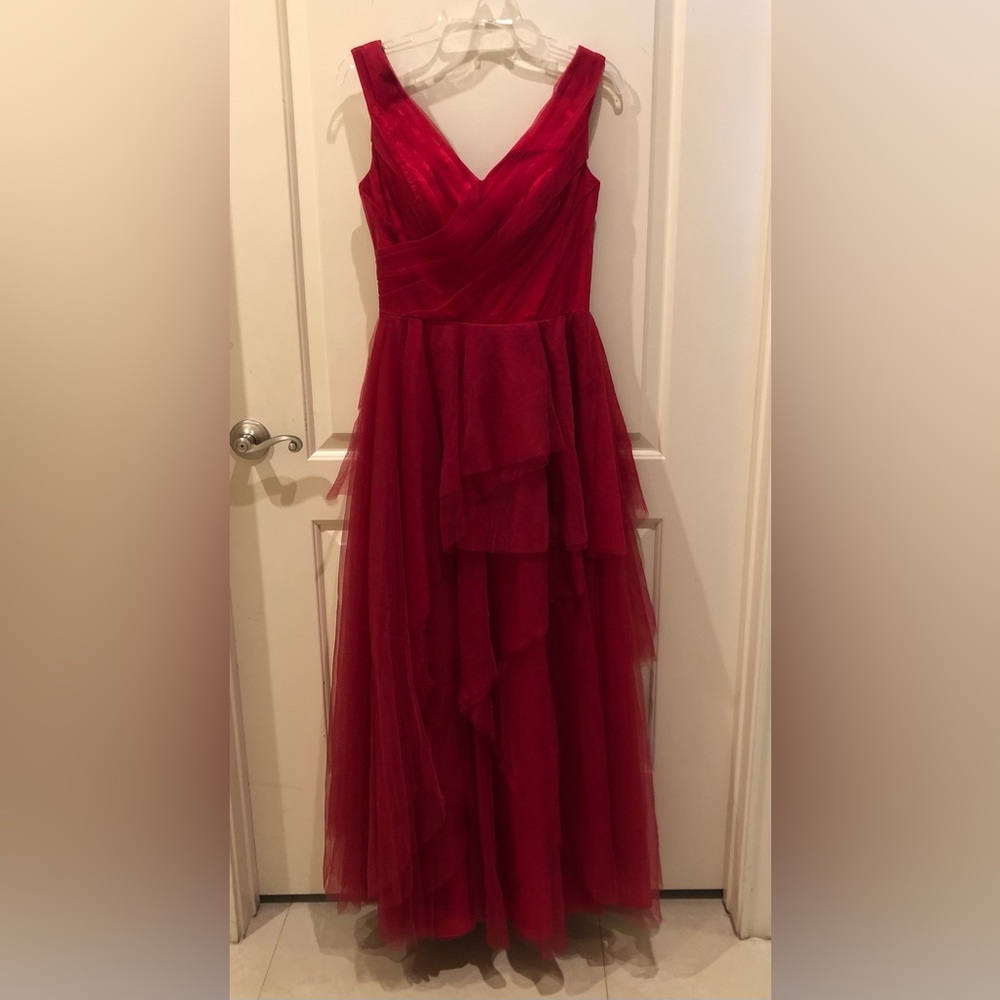 Formal Red Long Dress Sleeveless Adjustable, Maxi,tulle tiered ruffles, size 8